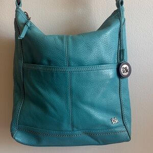 The Sak Teal Leather Crossbody Bag Pebbled Zip Pocket Boho Casual